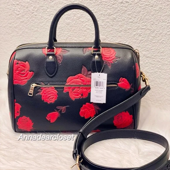 Coach Rowan Large Satchel Bag With Floral Print CCE27 in Black/Red - Picture 12 of 15